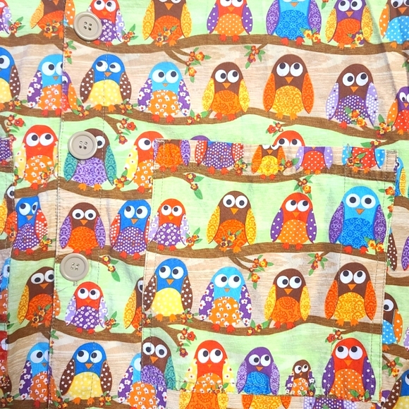 S.C.R.U.B.S. Women's Long Sleeve Button Up Owl Print Scrubs Top Size Medium - Picture 8 of 15